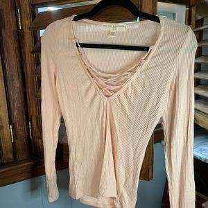 Project Social T Light Pink Lace Up Shirt
